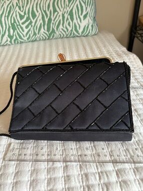 Beaded Vintage from 90’s Evening Quilted Black Clutch Bag with Strap